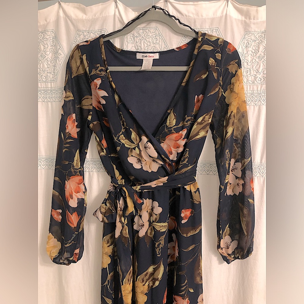Navy and pink floral chiffon maxi length dress